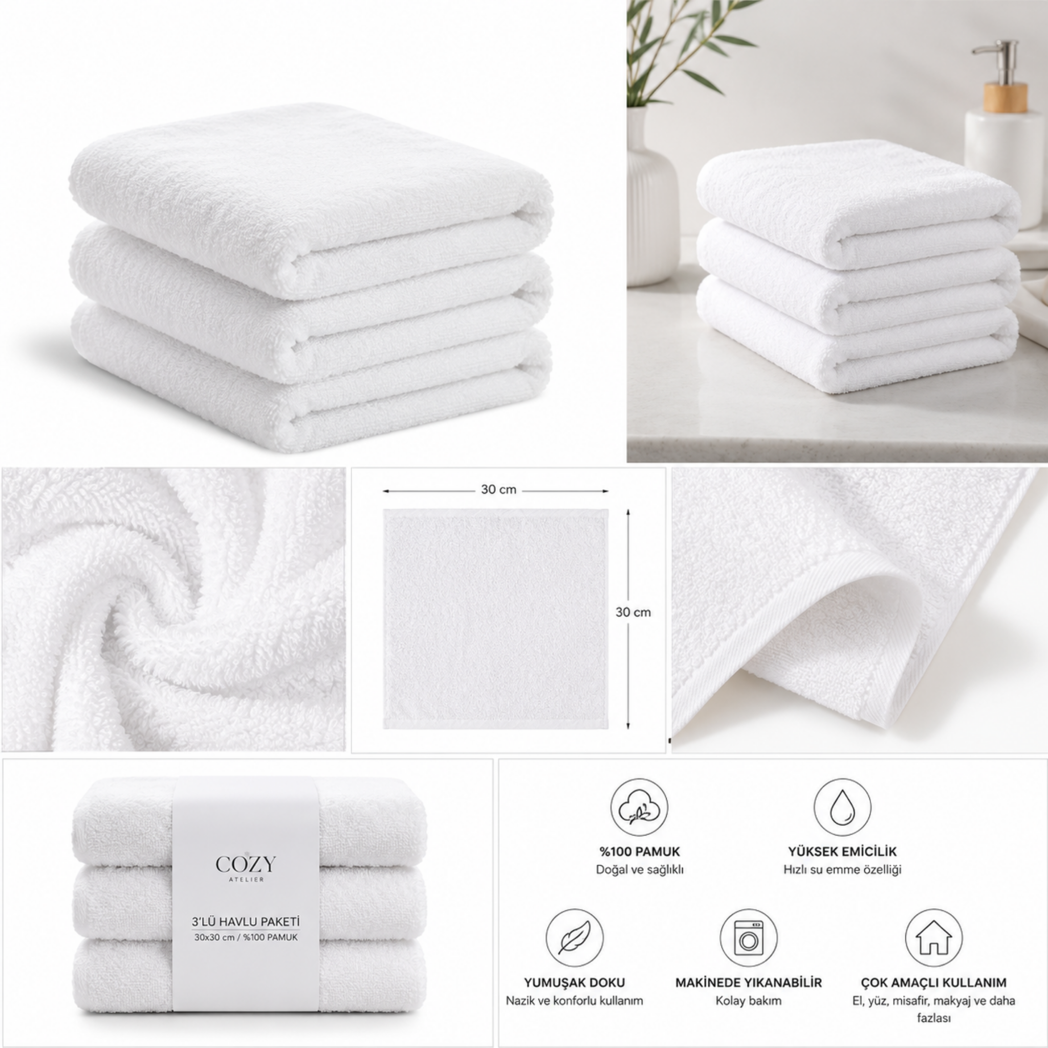 COZY HOME 30x30 El ve Yüz Havlusu | %100 Pamuk | 3'lü Set