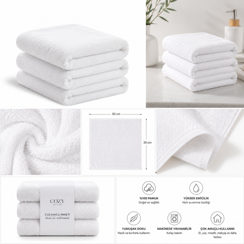 COZY HOME 30x30 El ve Yüz Havlusu | %100 Pamuk | 3'lü Set