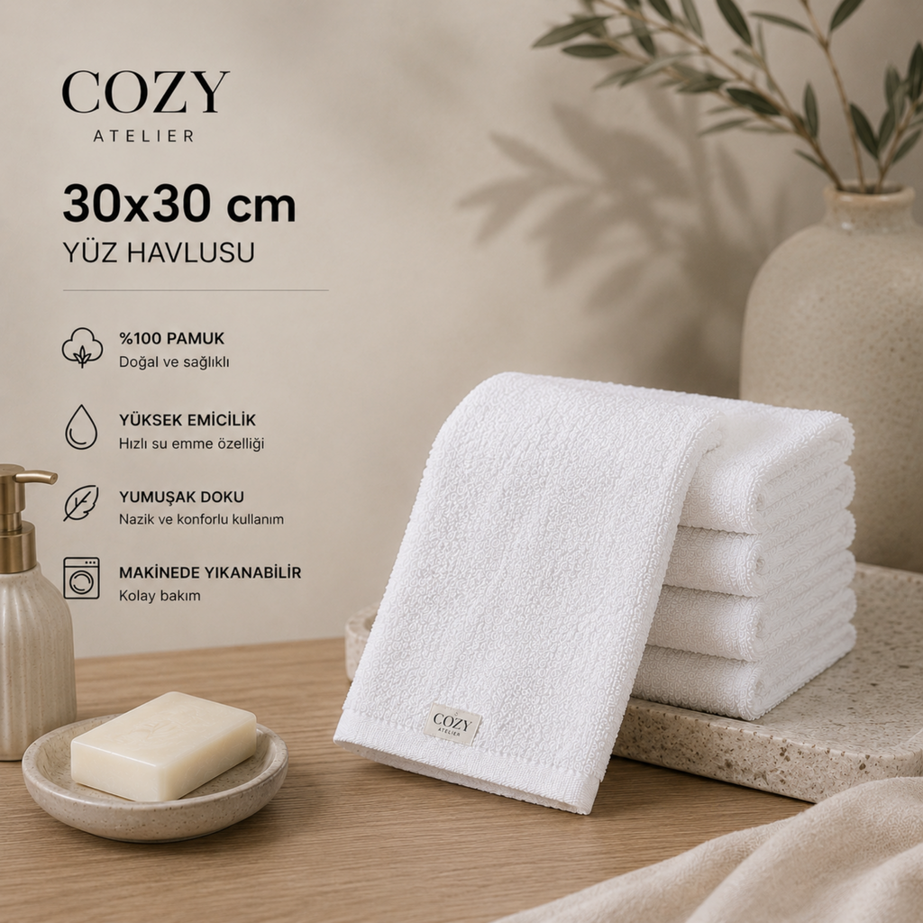 COZY HOME 30x30 El ve Yüz Havlusu | %100 Pamuk | 3'lü Set