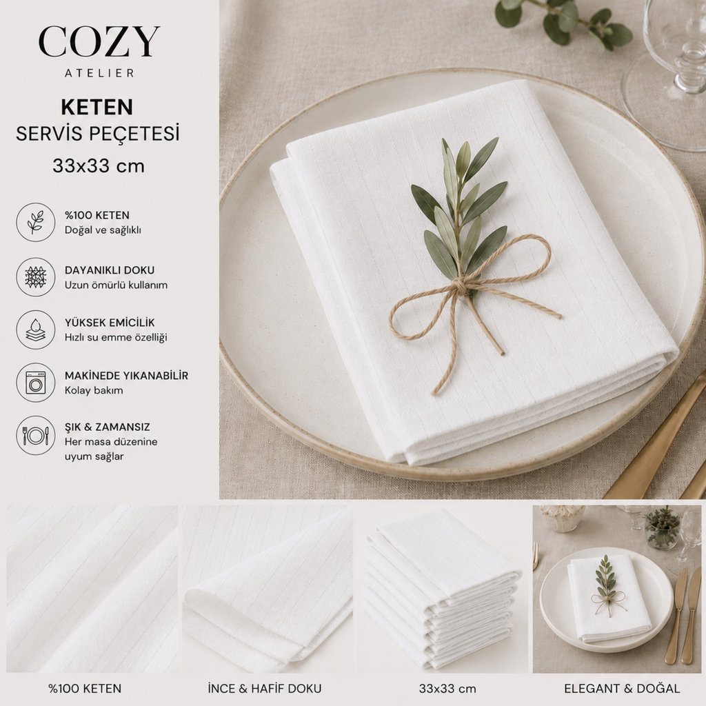 COZY HOME Keten Servis Peçetesi 33x33 cm | 3'lü Set