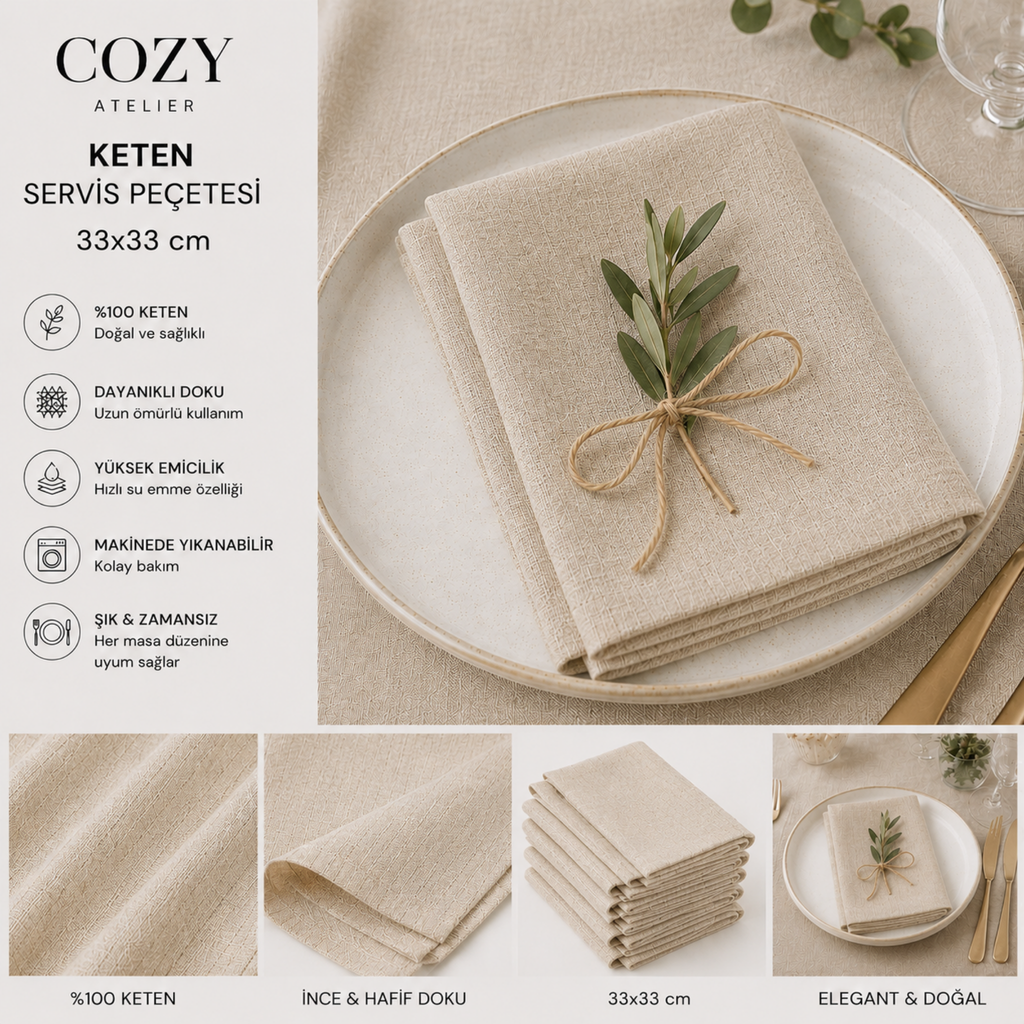 COZY HOME Keten Servis Peçetesi 33x33 cm | 3'lü Set